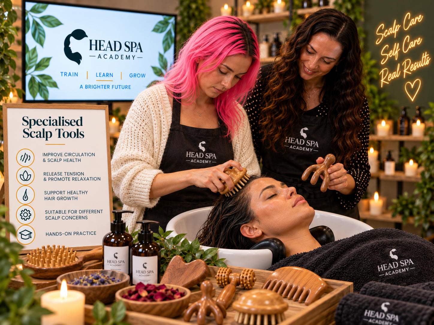 Korean Head Spa Therapy Training UK Hands-on Korean Head Spa therapy training covering professional scalp treatment techniques, specialist tools and practical skills for delivering premium Head Spa services. Student practising Korean Head Spa and scalp therapy techniques with specialist tools