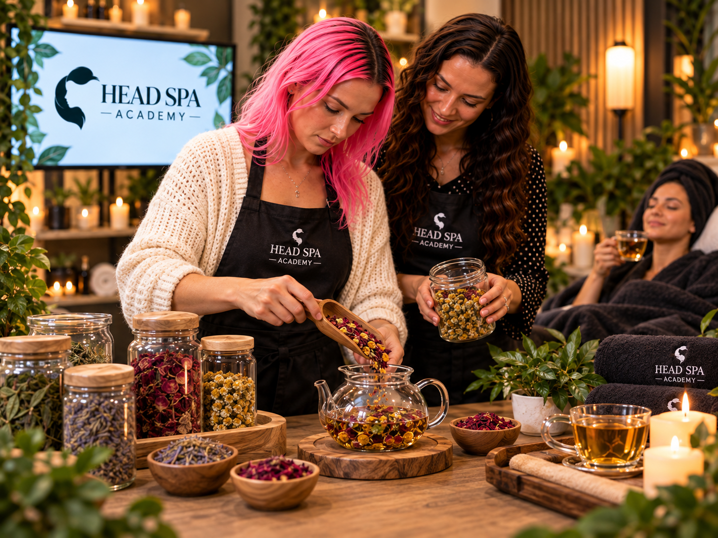 Japanese Head Spa Training UK Comprehensive Japanese Head Spa training in the UK teaching students how to create and deliver a professional premium Head Spa treatment and complete client experience. Student learning Japanese Head Spa treatment skills during professional UK training