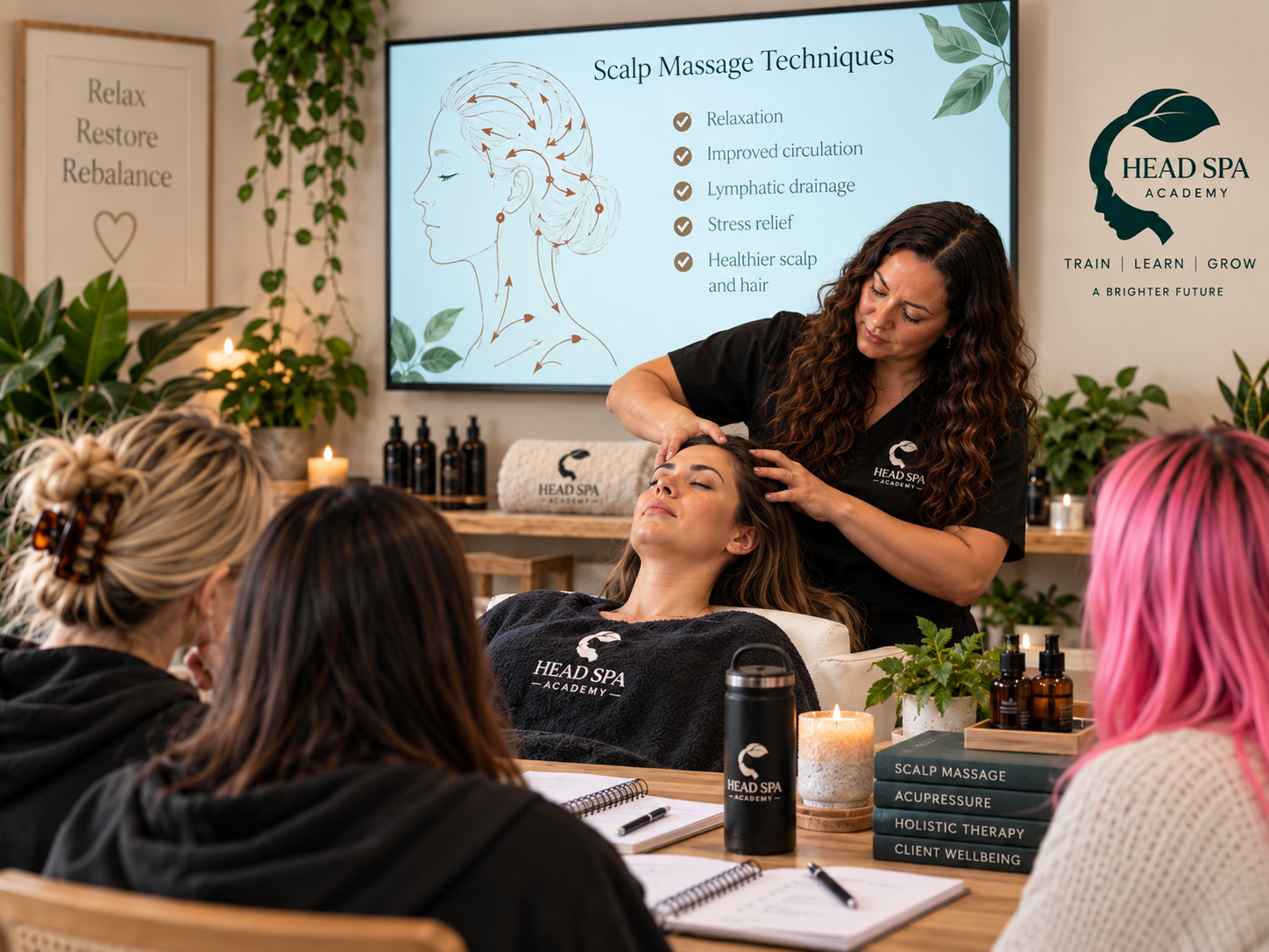 Head Spa Massage Training Course Hands-on Head Spa massage training teaching professional scalp therapy, massage techniques and practical treatment skills for a complete Head Spa service. Hands-on Head Spa massage and scalp therapy training course