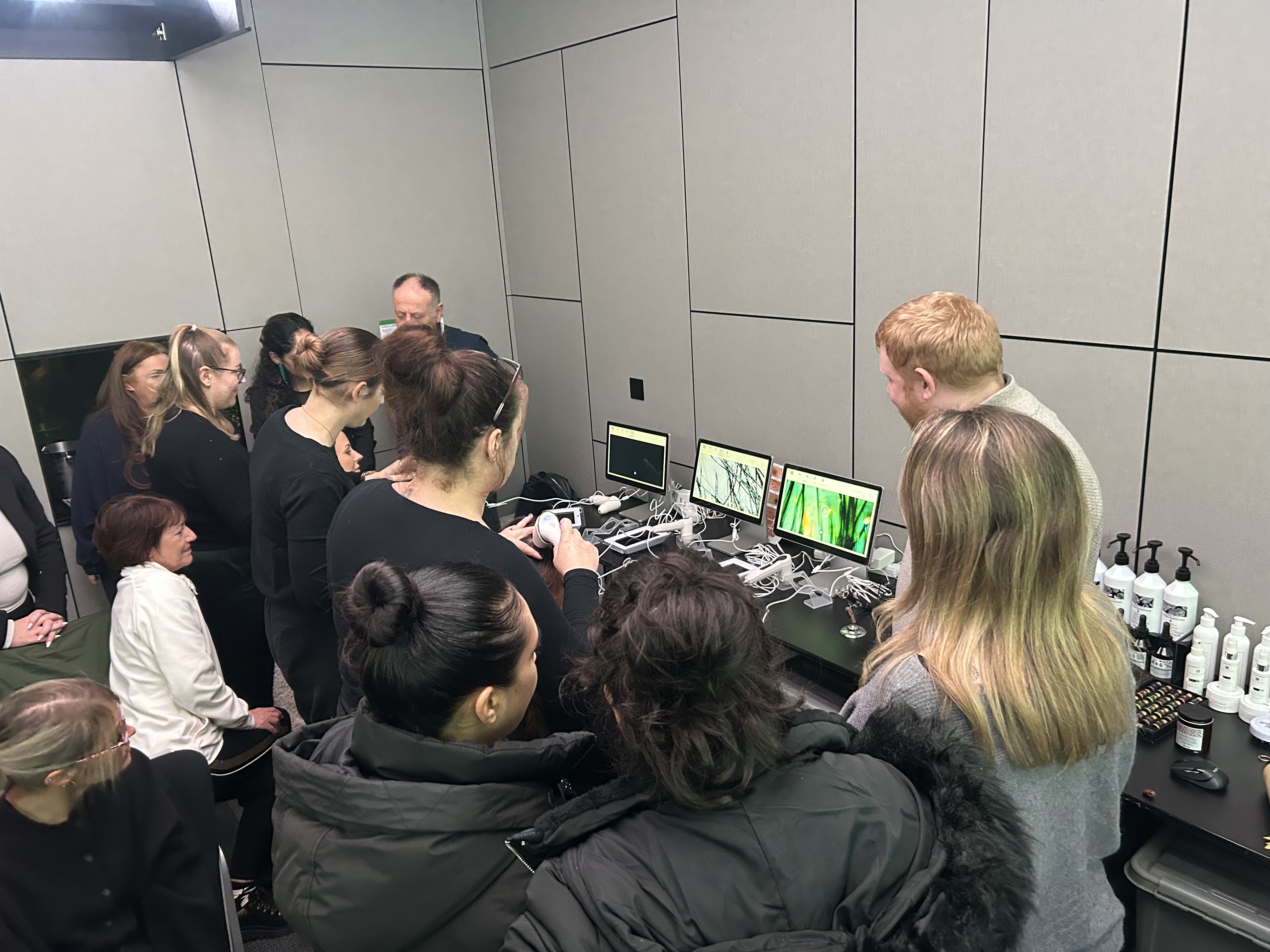 Students learning trichology and digital scalp analysis during Head Spa training and Korean Head Spa Training - Scalp Therapy Training Course UK