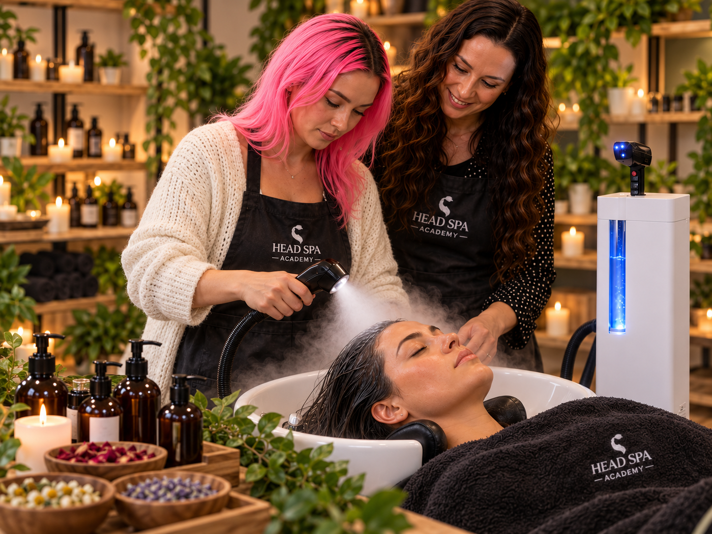Head Spa Equipment Training UK Hands-on Head Spa equipment training showing students how specialist professional technology can be incorporated into premium Head Spa and scalp therapy treatments. Student learning to use professional equipment during Head Spa training